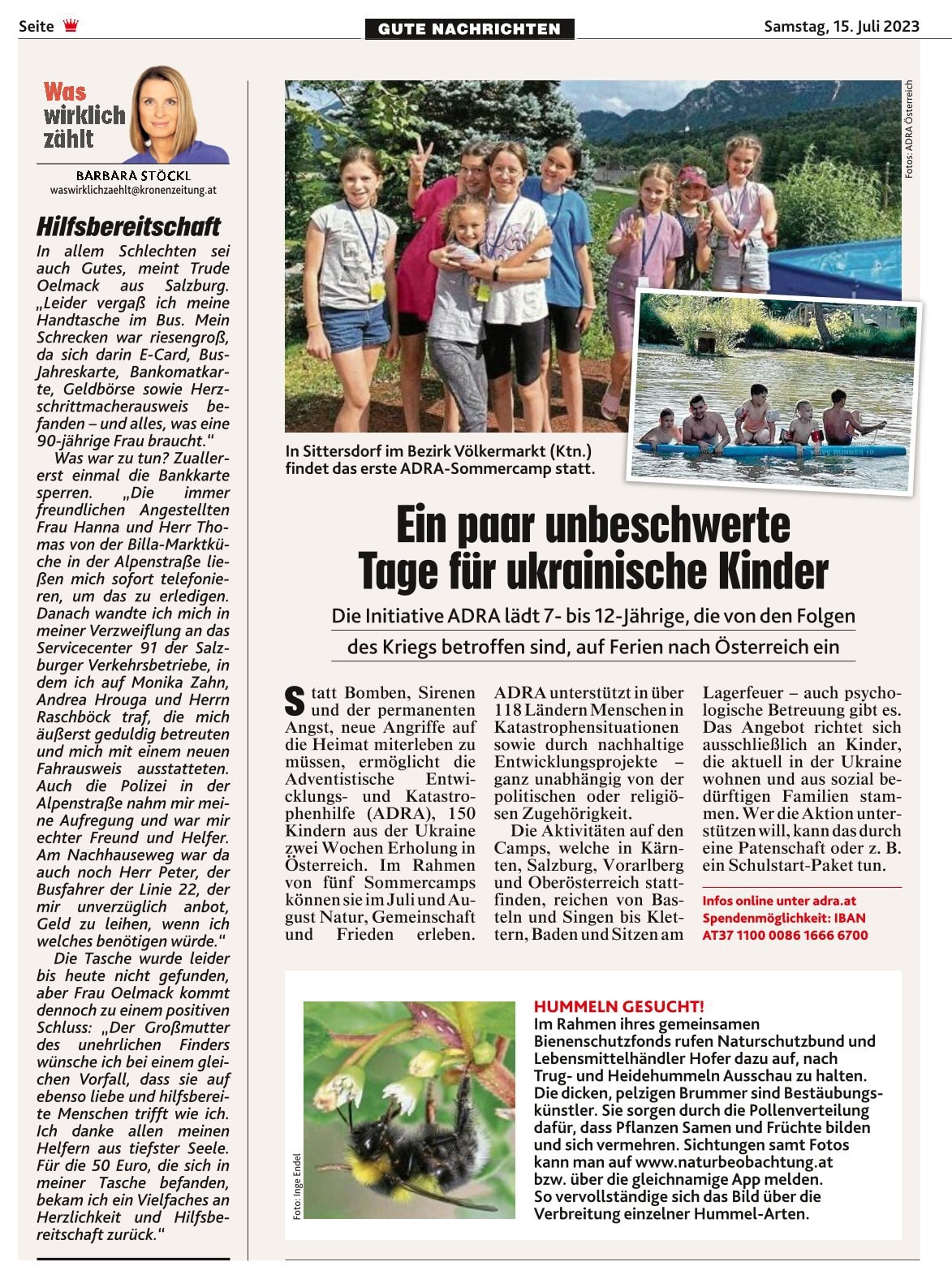 Bericht Kronenzeitung am 14.7.2023 über Kindercamp am Klopeinersee