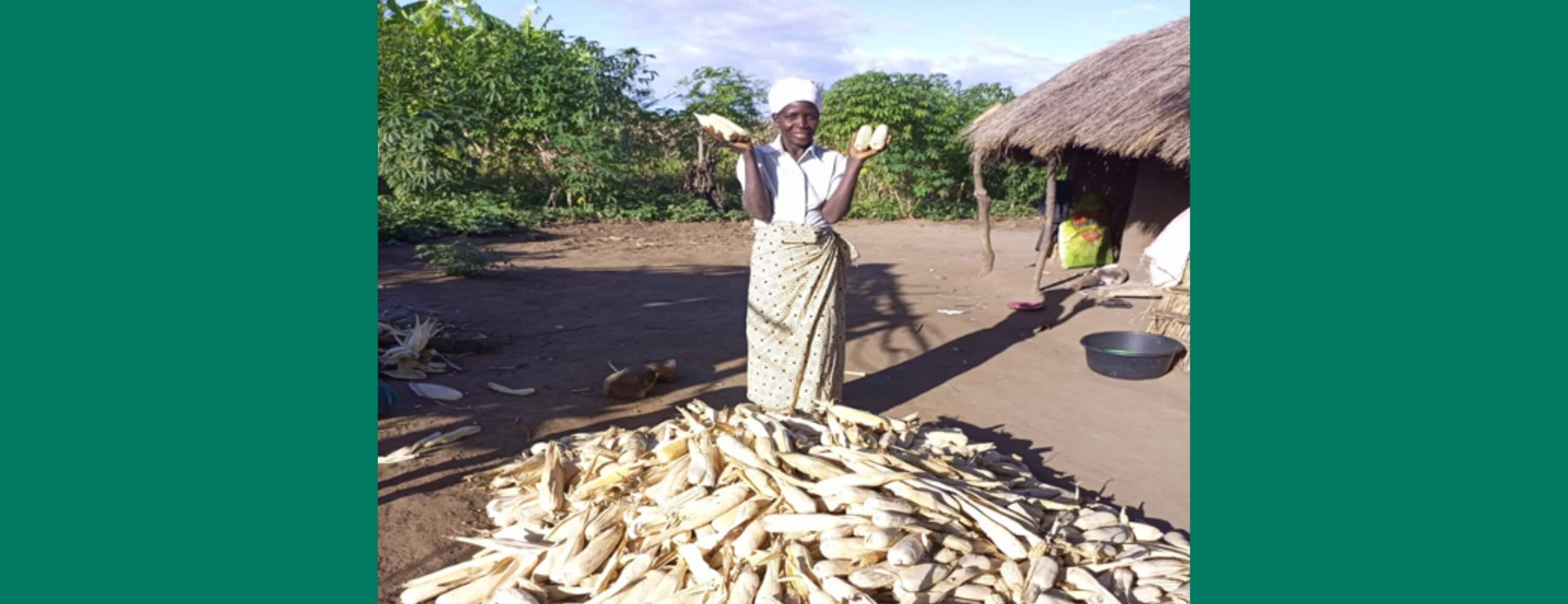 Mosambik - Belinha vor ihrer Hütte mit ihrer Maisernte
