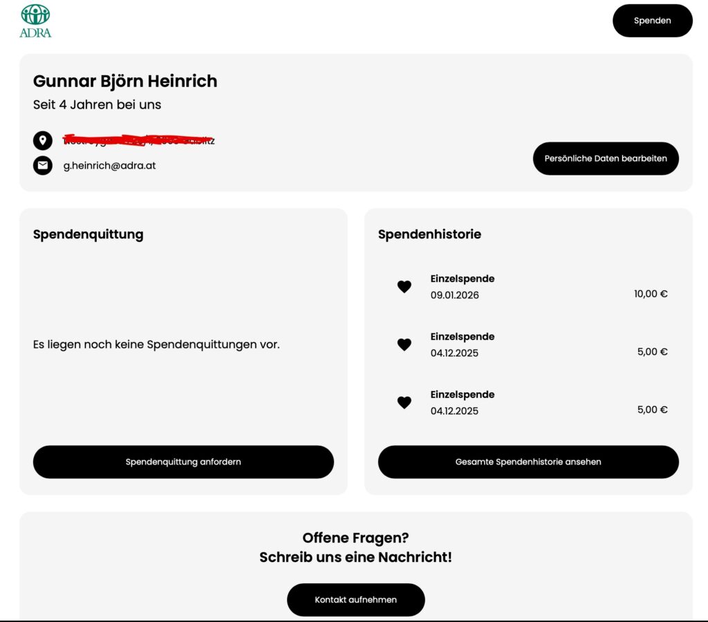Screenshot ADRA Spenderportal