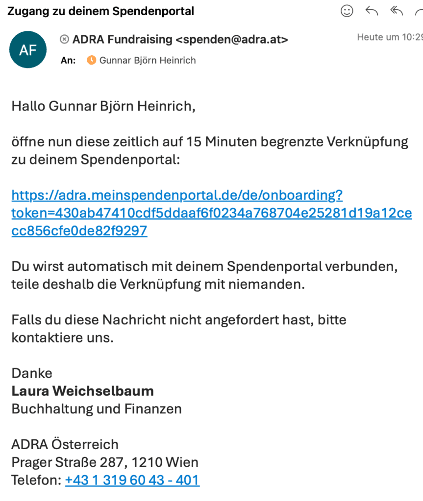 Spenderportal E-Mail mit blau hinterlegten Link